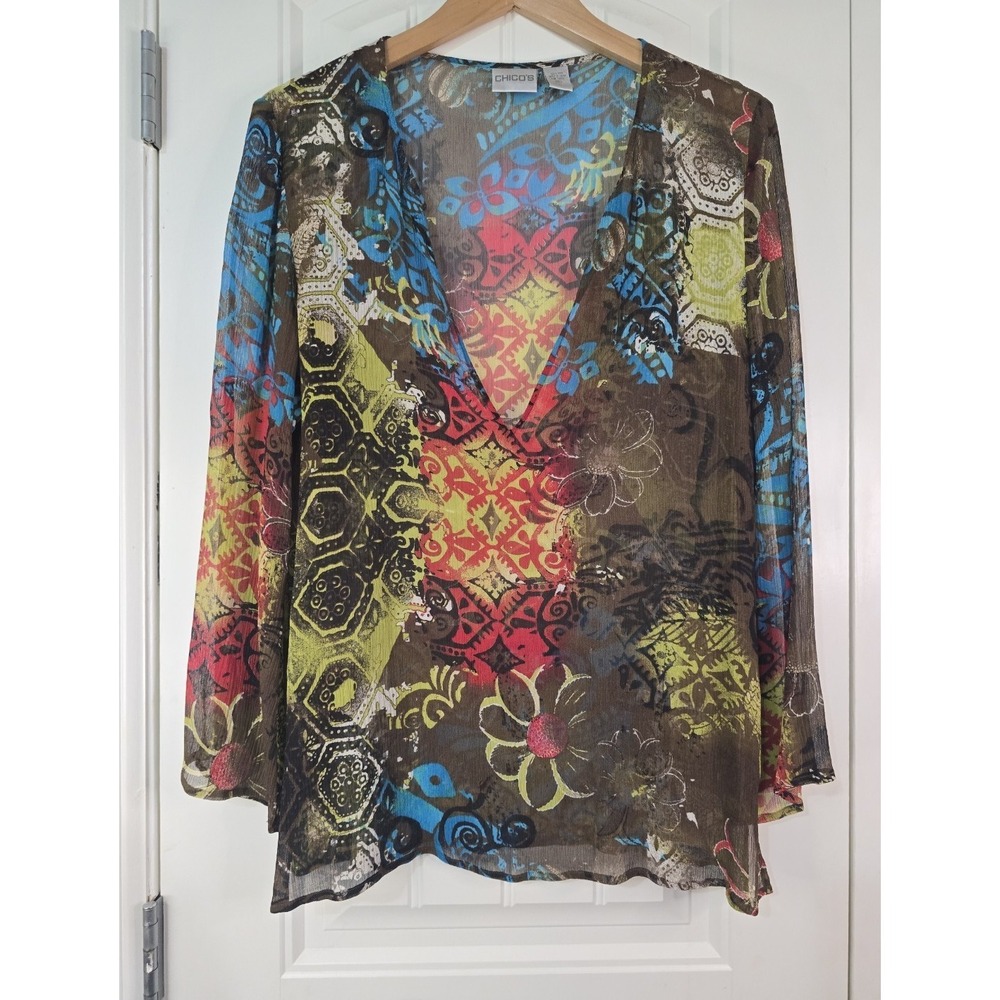 Chicos 100% Silk Patchwork Mandala Print V-Neck Sheer Blouse Top Size 1 Medium